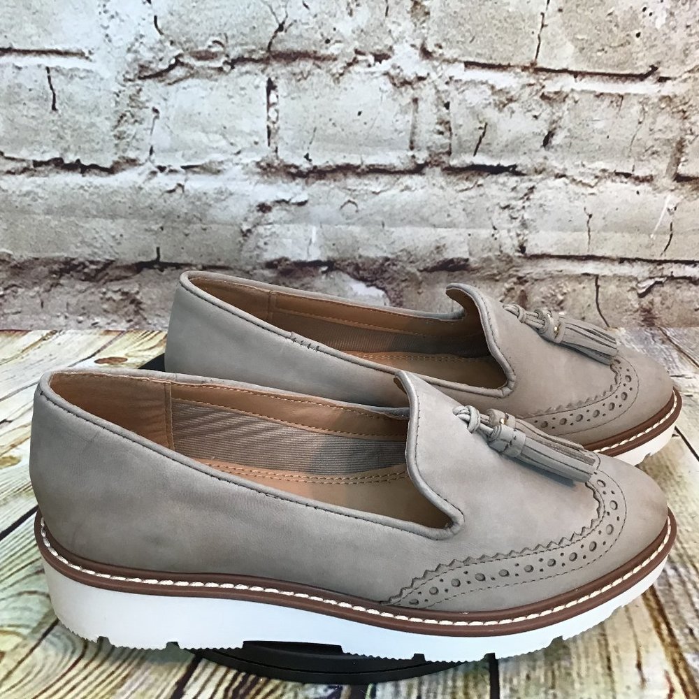 Sandy Gray Leather Brogue Wingtip Tassel Slip On Platform Loafers